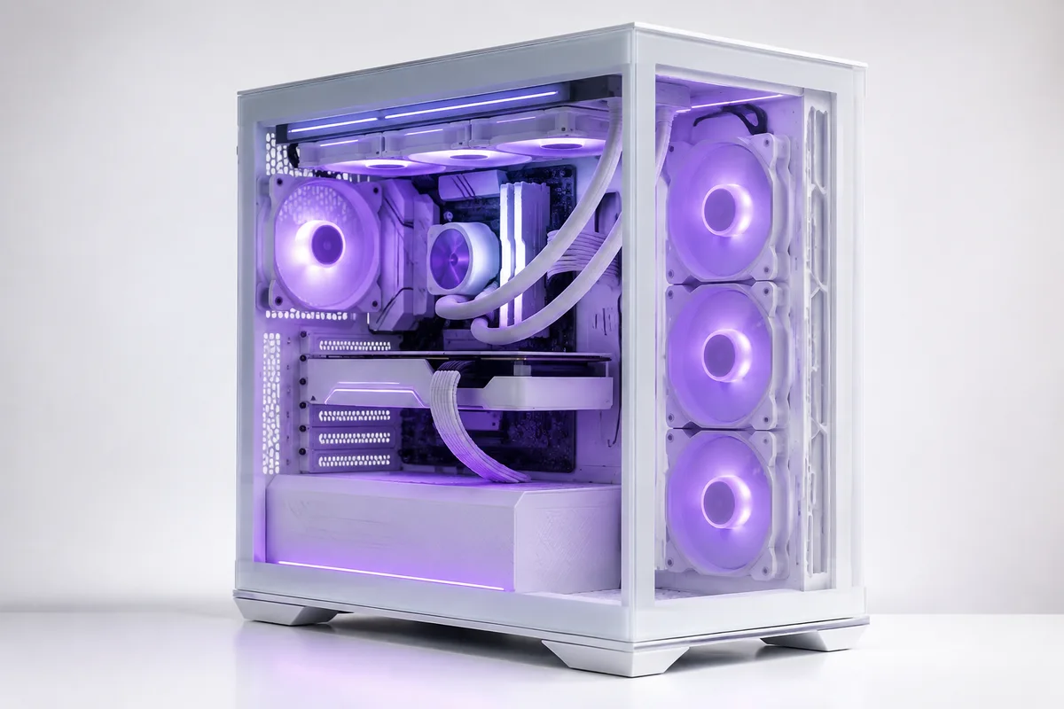 紫の照明を配した白いPCタワーのAI生成コンセプト画像
